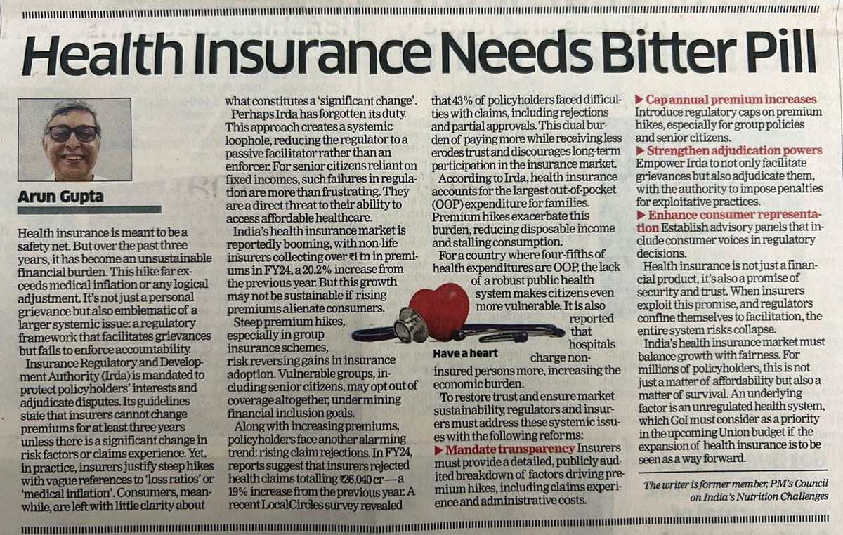 My  view in <a href="/EconomicTimes/">Economic Times</a> on health insurance. I talk about steep rise in premium 450% in 3 Y. 
Beyond sustainability. 
Take action pl
 <a href="/MoHFW_INDIA/">Ministry of Health</a> <a href="/FinMinIndia/">Ministry of Finance</a>
 <a href="/themahavir/">Mahavir Chopra / Beshak.org</a> 
<a href="/RemaNagarajan/">Rema Nagarajan</a> <a href="/sayantanbera/">Sayantan Bera</a> <a href="/snehamordani/">Sneha Mordani</a> <a href="/chetanecostani/">Chetan Chauhan</a> 
<a href="/TATAAIGIndia/">Tata AIG GIC</a> 
<a href="/BandBajaateRaho/">BBR - Amplifying Consumer Voice</a>