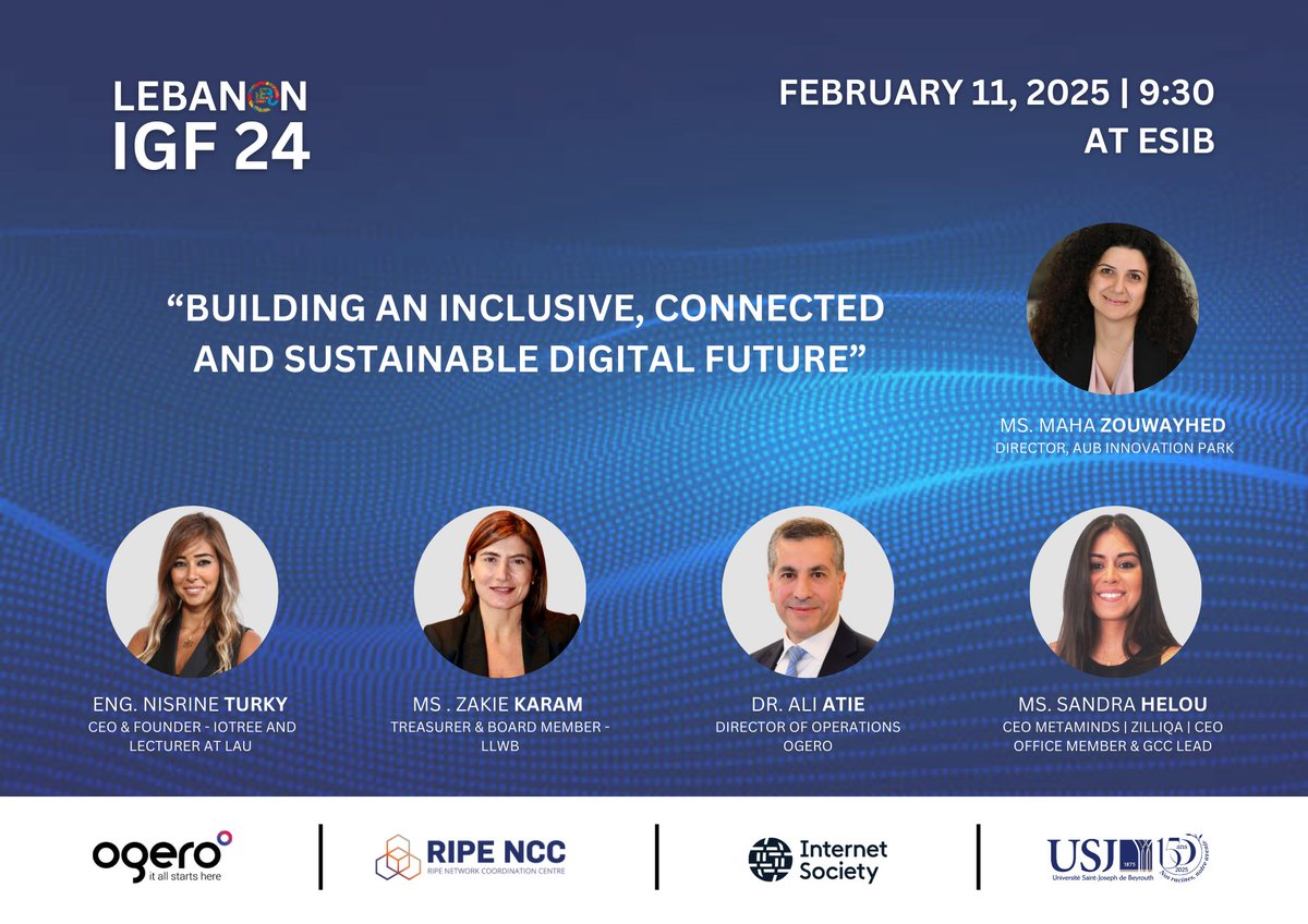Join the session "Building an inclusive, connected and sustainable Digital Future" on Feb. 11, by registering at igflebanon.org/registration/

#Inclusion #MeaningfulConnectivity #Emergingtechnologies #AI #IoT #5G #Metaverse #sustainability #resilience