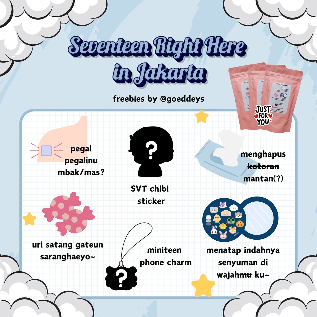 goeddeys's tweet photo. ୨୧FREEBIES FOR SEVENTEEN RIGHT HERE JAKARTA୨୧

by @goeddeys

🗓 8 February, 2025
📍 JIS
⏰️ TBA

⟡ carat
⟡ limited quantity
⟡ pls don't throw away or sell it
⟡ kindly tag @goeddeys if you get it

rt &amp; like are appreciated 🩵🩷

#SVT_RIGHT_HERE_IN_JAKARTA https://t.co/A1JcllXf0l