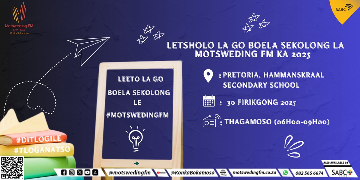 motswedingfm's tweet photo. Letsholo la Motsweding FM la go boela sekolongππ la 2025 le tla bo le le ko sekolong se segolwane sa Hammanskraal kwa Pretoria.
#Ditlogile #Tloganatso #MotswedingFM #Backtoschool https://t.co/IMXIAulQZu
