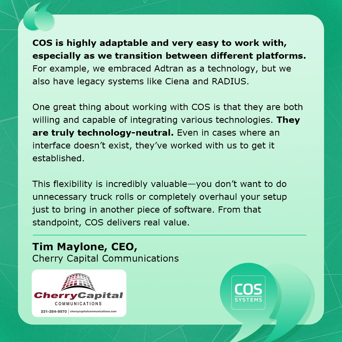 COSSystems's tweet image. Exciting insights from Tim Maylone at Cherry Capital Communications! Discover his thoughts on COS and Business Engine in our latest interview. Don’t miss out—watch it here: hubs.la/Q033HlG-0) 
#COS #BusinessEngine #CherryCapitalCommunications #CustomerTestiomonial