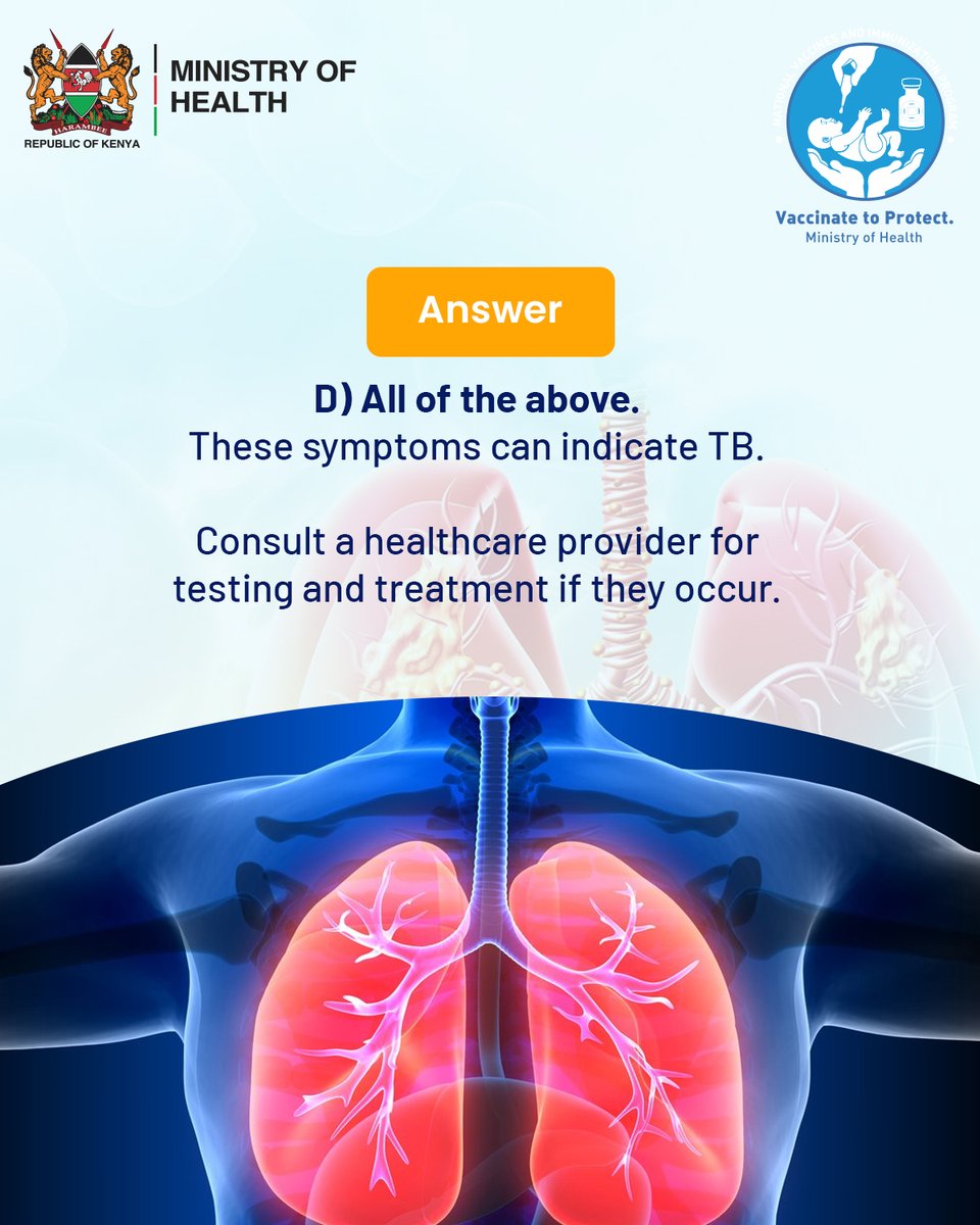 VaccinesKenya's tweet photo. Trivia time! 🧠 Can you name the most common symptoms of tuberculosis (TB)? 

Let’s spread awareness, not TB. Comment with your answers.

#VaccinateToProtect
#VaccinesSaveLives https://t.co/4ghu3ZA56D