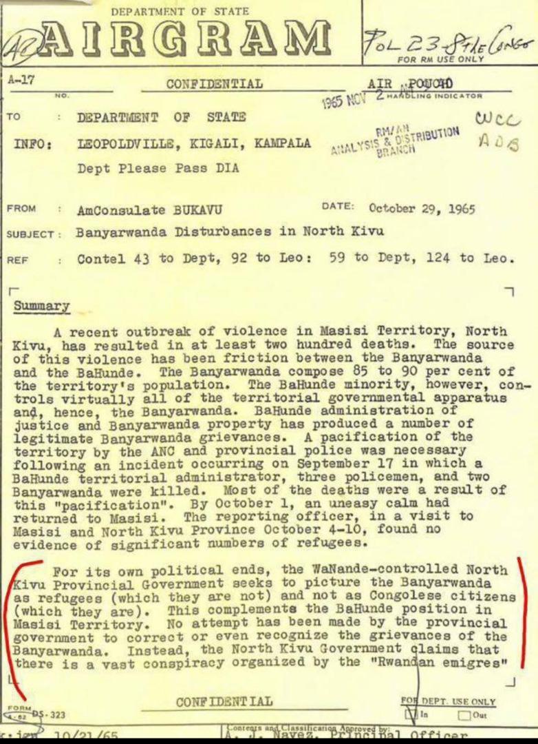 This 1965 <a href="/StateDept/">Department of State</a> telegram about Banyarwanda-Bahunde skirmishes may provide clues about the age-old self-determined territorial and governance conflict in #NorthKivu. Read it with one eye in the sky in light of ongoing war in #GOMA_RDC!
