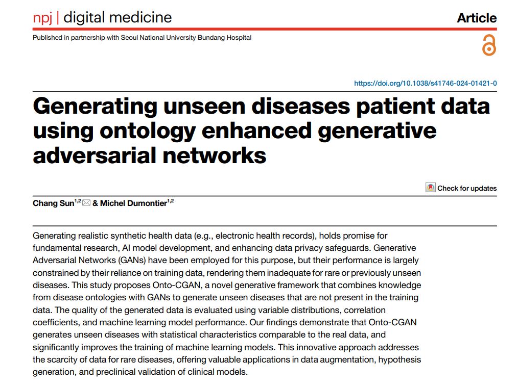 Congrats to Prof. Michel Dumontier and Assistant Professor Chang Sun from the <a href="/UM_IDS/">UMIDS</a> for their new published article "Generating unseen diseases patient data using ontology enhanced generative adversarial networks". Find the full article here 🔗realm-ai.eu/news/new-realm…
#REALM