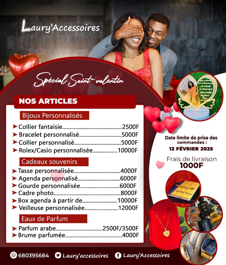 lauryaccessoire's tweet photo. 😮‍💨❤️❤️❤️✨✨✨✨✨

Constituez vos packs en fonction de votre budget☺️ . 

📍Douala 🇨🇲 
🚚 Livraison dans la ville et expédition ailleurs  
Commande directement en dm ou 
👇🏼
https://t.co/zIlKQli90G

#MercrediBiz https://t.co/cn3AFLBx9s