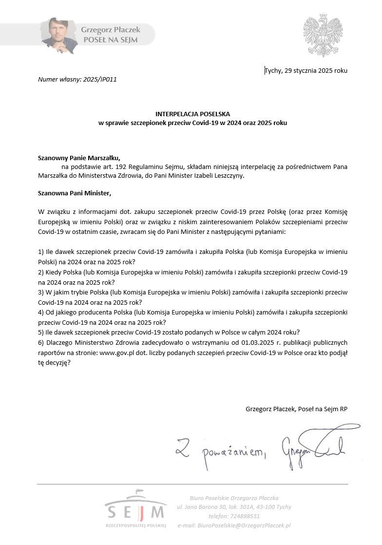 placzekgrzegorz's tweet photo. ❌ To co się dzieje w @MZ_GOV_PL i na co pozwala premier Pan @donaldtusk jest niebywałe. To się ociera o Trybunał Stanu! Otóż… Komisja Europejska poinformowała niedawno, iż podpisała z amerykańskim koncernem Moderna umowę na zakup szczepionek przeciw COVID-19 (a to tylko jeden z wielu koncernów). Pomimo słabnącego zainteresowania szczepieniami przeciw Covid-19 w naszym kraju, Polska… zdecydowała się uczestniczyć w inicjatywie zakupu do 146 mln (!) dawek szczepionek przez 17 krajów Unii Europejskiej w ciągu czterech lat! Co ciekawe, 10 krajów unijnych NIE zdecydowało się na wzięcie udziału w tym szaleństwie. W Polsce jednak, jak widać, lobby farmaceutyczne ma się dobrze. Co więcej, Ministerstwo Zdrowia zdecydowało, że od 01.03.2025 r. NIE BĘDZIE podawać do publicznej wiadomości raportów dot. aktualnej liczby podanych szczepień przeciw Covid-19 w Polsce. Kto podjął taką decyzję? Nie wiadomo.
➡️ W związku z tym, jako poseł @KONFEDERACJA_, składam na ręce Marszałka Sejmu Pana @szymon_holownia interpelację poselską (skierowaną do Pani minister @Leszczyna), starając się ustalić skalę patologii:

1) Ile dawek szczepionek przeciw Covid-19 zamówiła i zakupiła Polska (lub Komisja Europejska w imieniu Polski) na 2024 oraz na 2025 rok?
2) Kiedy Polska (lub Komisja Europejska w imieniu Polski) zamówiła i zakupiła szczepionki przeciw Covid-19 na 2024 oraz na 2025 rok?
3) W jakim trybie Polska (lub Komisja Europejska w imieniu Polski) zamówiła i zakupiła szczepionki przeciw Covid-19 na 2024 oraz na 2025 rok?
4) Od jakiego producenta Polska (lub Komisja Europejska w imieniu Polski) zamówiła i zakupiła szczepionki przeciw Covid-19 na 2024 oraz na 2025 rok?
5) Ile dawek szczepionek przeciw Covid-19 zostało podanych w Polsce w całym 2024 roku?
6) Dlaczego Ministerstwo Zdrowia zadecydowało o wstrzymaniu od 01.03.2025 r. publikacji publicznych raportów na stronie: https://t.co/Y1fHistVnR dot. liczby podanych szczepień przeciw Covid-19 w Polsce oraz kto podjął tę decyzję?

Wygląda na to, że rozkradanie Polski trwa w najlepsze. Czas zatrzymać to szaleństwo!