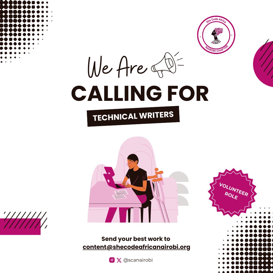 SCAnairobi's tweet photo. Got a way with words &amp; a passion for tech? 💻✍🏽

We’re looking for volunteer technical writers to join She Code Africa Nairobi!

Send in your best work to content@shecodeafricanairobi.org and let’s build something amazing together! 🚀✨ 

#TechWriters
#shecodenairobi2024 https://t.co/GvIFCH6cQ1