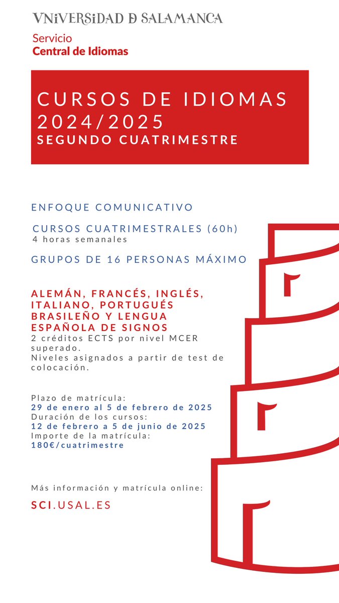 Servicio Central de Idiomas - USAL (@sciusal) on Twitter photo !!Matrícula abierta en los cursos cuatrimestrales de idiomas del <a href="/sciusal/">Servicio Central de Idiomas - USAL</a> !! Aprende un idioma en la <a href="/usal/">Universidad de Salamanca</a> :)
+info: sci.usal.es/cursos !!Matrícula abierta en los cursos cuatrimestrales de idiomas del <a href="/sciusal/">Servicio Central de Idiomas - USAL</a> !! Aprende un idioma en la <a href="/usal/">Universidad de Salamanca</a> :)
+info: sci.usal.es/cursos