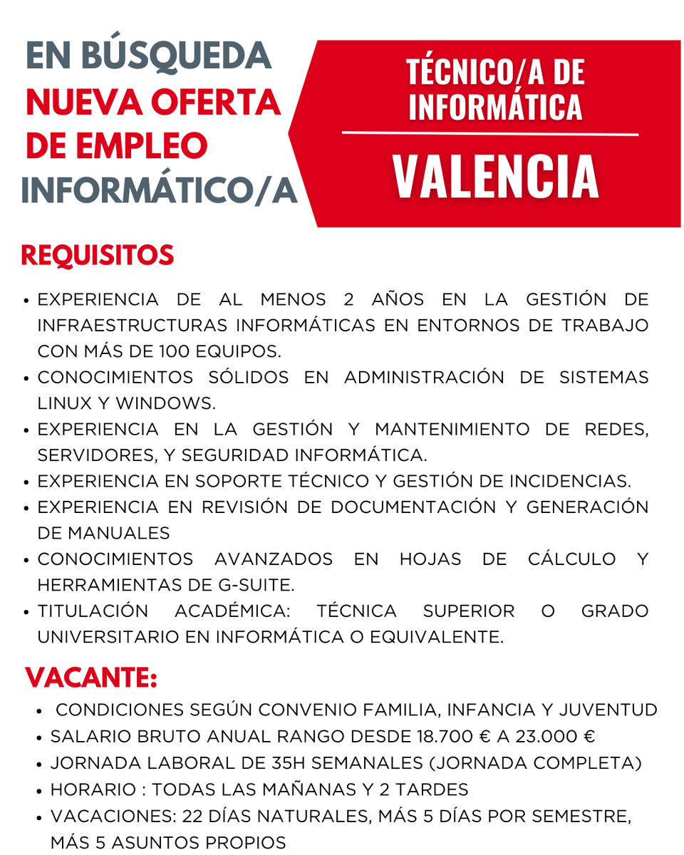 #Ofertadeempleo #VALENCIA #informático
✅ PERSONAL TÉCNICO DE INFORMÁTICA
▶️ Consulta toooooda la información a través de: fisat.es/trabaja-en-fis…
▶️ Si te interesa, envía tu candidatura hasta el 4 de febrero.

🔔 INCORPORACIÓN EN ABRIL