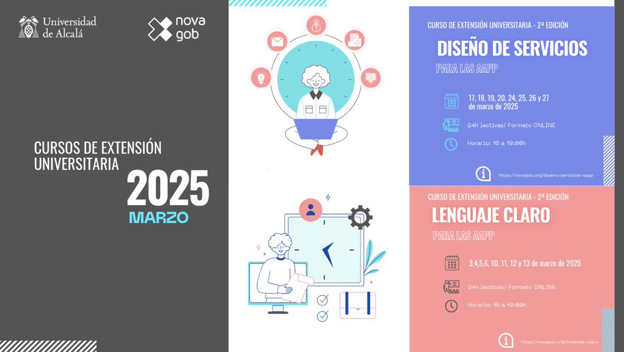 🥁Abierta la matricula‼️

✨ Domina el #LenguajeClaro con <a href="/rafacamu/">Rafa Camacho</a>  

✨Conviértete en un experto en #DiseñoDeServicios  con <a href="/JoseMSubero/">Jose Mª Subero</a> 🧑‍💻 

🏦Organizan <a href="/UAHes/">Universidad Alcalá</a> <a href="/novagob/">Fundación NovaGob</a>

✍️Inscripción: novagob.org/cursos-formaci…