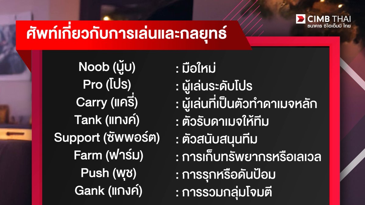 เกมเมอร์ตัวจริงต้องรู้! 🎮
ศัพท์พื้นฐานยันศัพท์โปร แบบนี้แหละภาษาเกมเมอร์ที่ต้องเข้าใจ!
จะ Noob, Pro, Carry หรือจะ GG ก็ขอให้เกมดี ๆ แบบมิตรภาพ🏆

อย่าลืมว่าในทุกการเล่น เราคือทีมเดียวกัน พุชให้สุด ปั๊มให้รัว! 🕹️✨

#CIMBTHAIBANK #ธนาคารซีไอเอ็มบีไทย #MOVINGFORWARDWITHYOU https://t.co/8SFeisluJ9