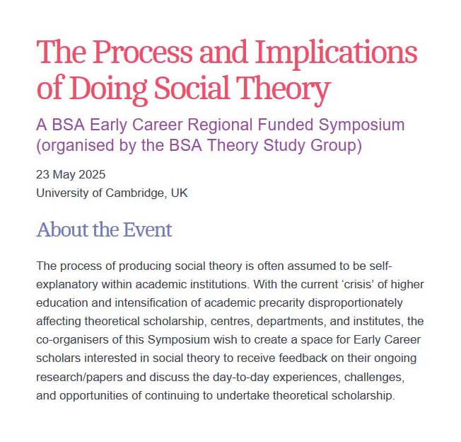 The BSA (@britsoci) on Twitter photo Call for papers by 28 February for ‘The Process and Implications of Doing Social Theory’, a BSA Early Career symposium, organised by <a href="/BSATheory/">BSA Theory</a>, 23 May, University of Cambridge tinyurl.com/5n78txf8 #cfp Call for papers by 28 February for ‘The Process and Implications of Doing Social Theory’, a BSA Early Career symposium, organised by <a href="/BSATheory/">BSA Theory</a>, 23 May, University of Cambridge tinyurl.com/5n78txf8 #cfp