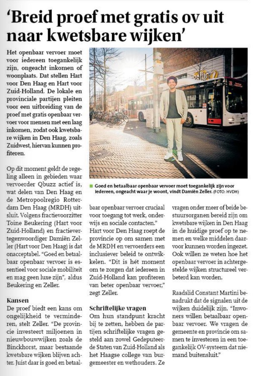 Samen met <a href="/HartvoorZH/">Hart voor Zuid-Holland❤️💛</a> pleit <a href="/Hartv00rDenHaag/">Hart voor Den Haag 💚💛</a> voor uitbreiding proef met gratis ov naar kwetsbare wijken. “Goed en betaalbaar openbaar vervoer is essentieel voor sociale mobiliteit en mag geen luxe zijn”,  aldus <a href="/BeukeringBg/">Toine Beukering</a> en <a href="/DamienZeller/">Damiën Zeller</a> in <a href="/RodiDenHaag/">Rodi.nl Den Haag</a>.