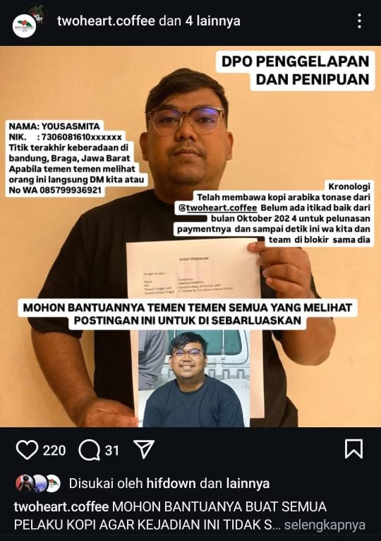 dobelden's tweet photo. Perhatian buat rekan2 penggiat kopi, pantau orang ini, telah melakukan penggelapan di Temanggung | @kozirama @rai_naldi @senncoin @alyapedia https://t.co/QvNh8UbOLK