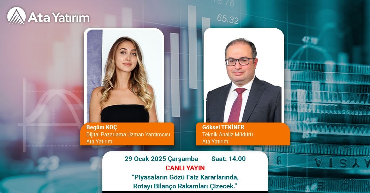 📺 Ata Yatırım Teknik Analiz Müdürü Göksel TEKİNER, 29 Ocak Çarşamba günü saat 14.00-14.30 arası Ata Yatırım YouTube kanalı ‘canlı yayınında’, Ata Yatırım Dijital Pazarlama Uzman Yardımcısı Begüm KOÇ moderatörlüğünde, “Piyasaların Gözü Faiz Kararlarında, Rotayı Bilanço Rakamları