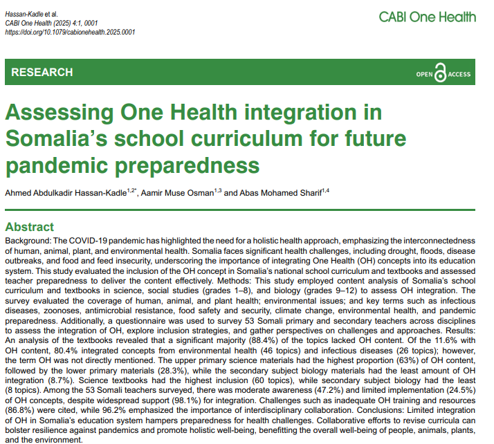 Our recent publication highlights the importance of a #OneHealth approach in building resilience and preparing future generations to prevent and tackle pandemics. Let's invest in a curriculum that empowers the next wave of leaders!
👉tinyurl.com/oh-somalia