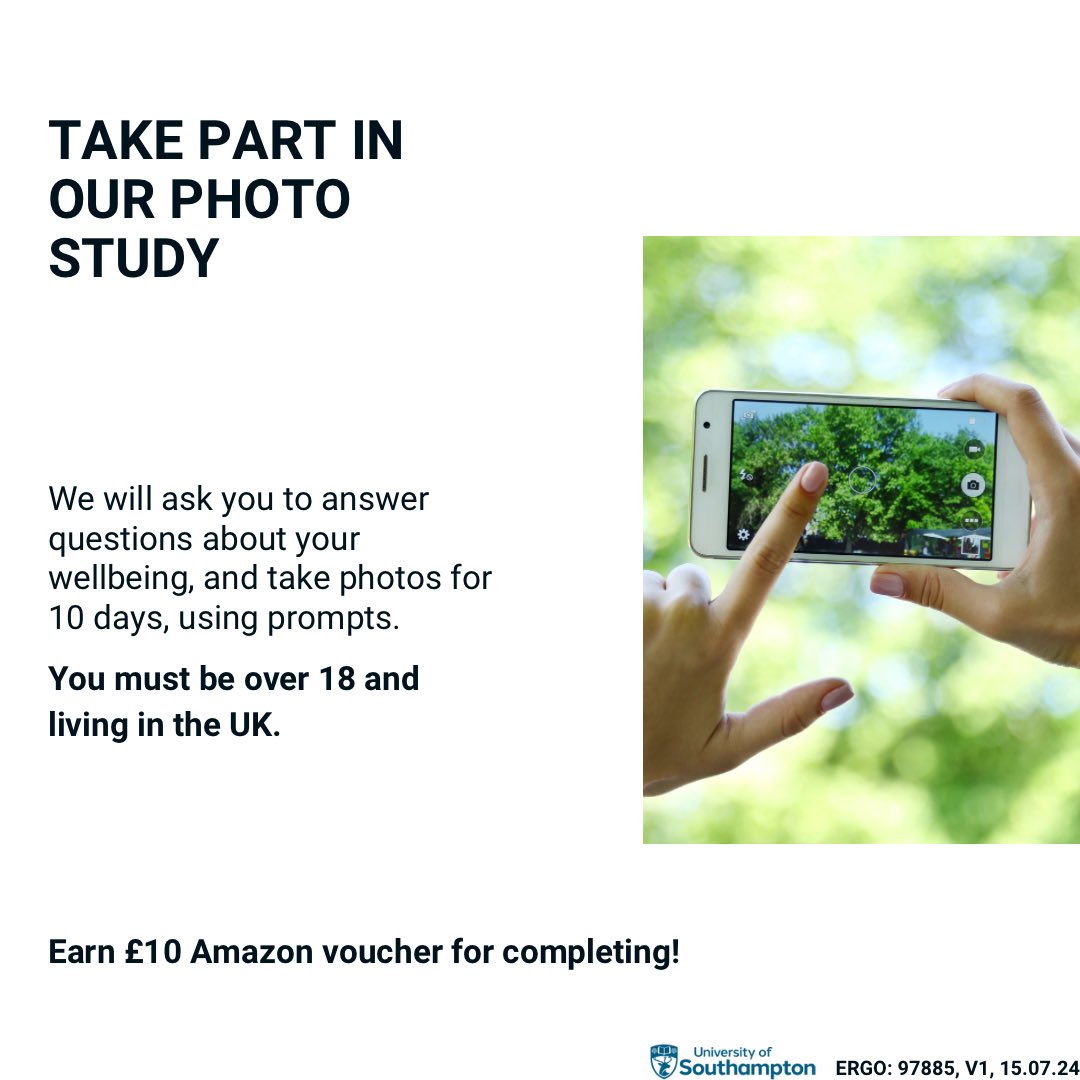 Would you like to take part in our photo study? We will ask you to answer questions about your wellbeing, and take photos for 10 days. You must be over 18 and living in the UK.

southampton.qualtrics.com/jfe/form/SV_3r…