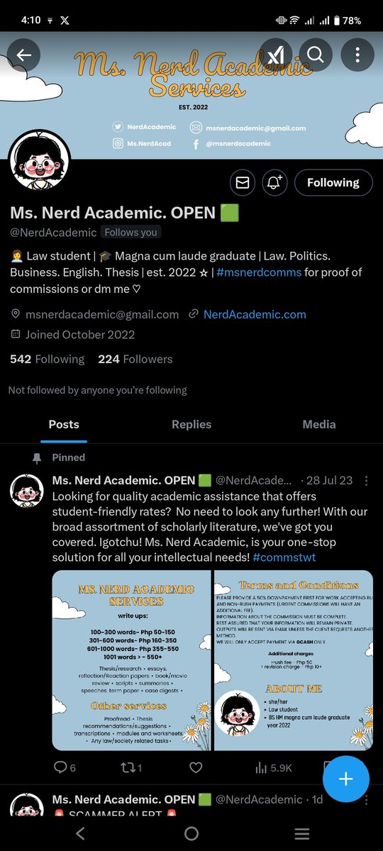 Hello everyone!

if naghahanap po kayo ng trusted po na acads commissioner. I recommend ate 👉🏻 <a href="/NerdAcademic/">🟢 open. law student. magna cumlaude grad.</a>  👈🏻 po. sakanya po ako nag papagawa ng mga acads ko since 3rd year college pa po ako. 

✔️ fast transaction
✔️ very accommodating 

huwag po kayong mahiyang i dm siya ❤️