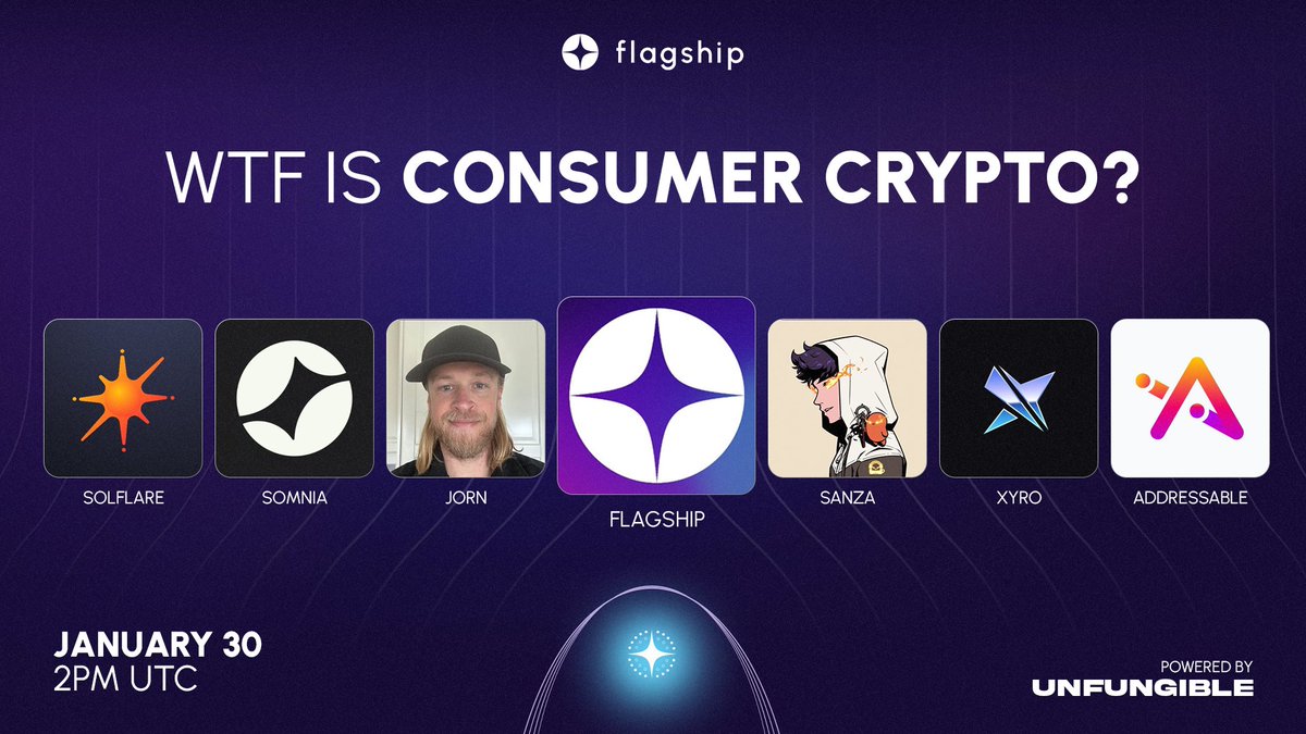 WTF is Consumer Crypto? ⁉️

Join <a href="/JornvanFlagship/">Jorn | CEO Flagship.fyi</a> on X discussing with Crypto innovators about Web3 accessibility, and mainstream adoption. 

📅 30.Jan.2025, 1500 hrs CET (1400 UTC)      

Set your reminders below 👇