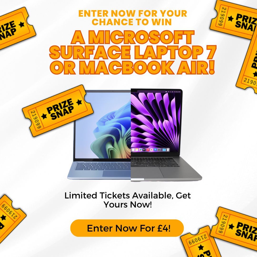 🎉 Win Your Dream Laptop – You Choose! 🎉 

One lucky winner gets to decide: the sleek Apple MacBook Air or the powerful Microsoft Surface 7. Mac or Windows? The choice is YOURS!  ✨ 

GRAB TICKETS @ prizesnap.co.uk/play#/comp/76 

#WinALaptop #MacBookVsSurface