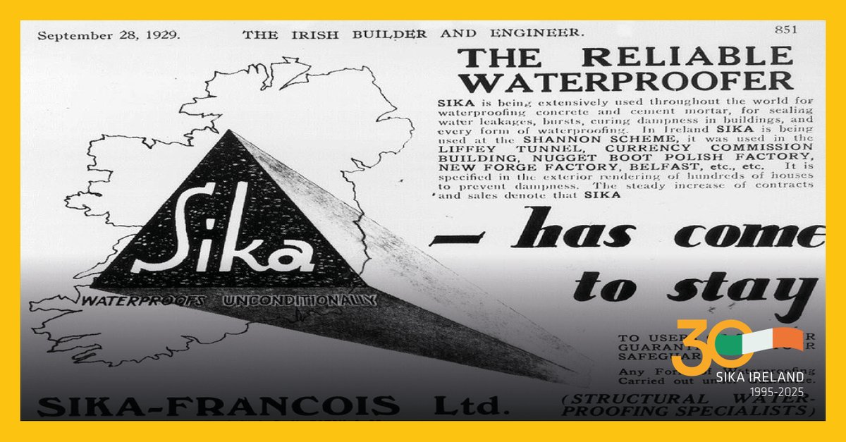 Sika Ireland is proudly celebrating #30YearsofBuildingTrust, but our history in Ireland actually goes back much further. Since 1929, Sika products have been used to waterproof iconic historical projects like the Shannon Dam Scheme, the Liffey Tunnel and the Currency Commission.