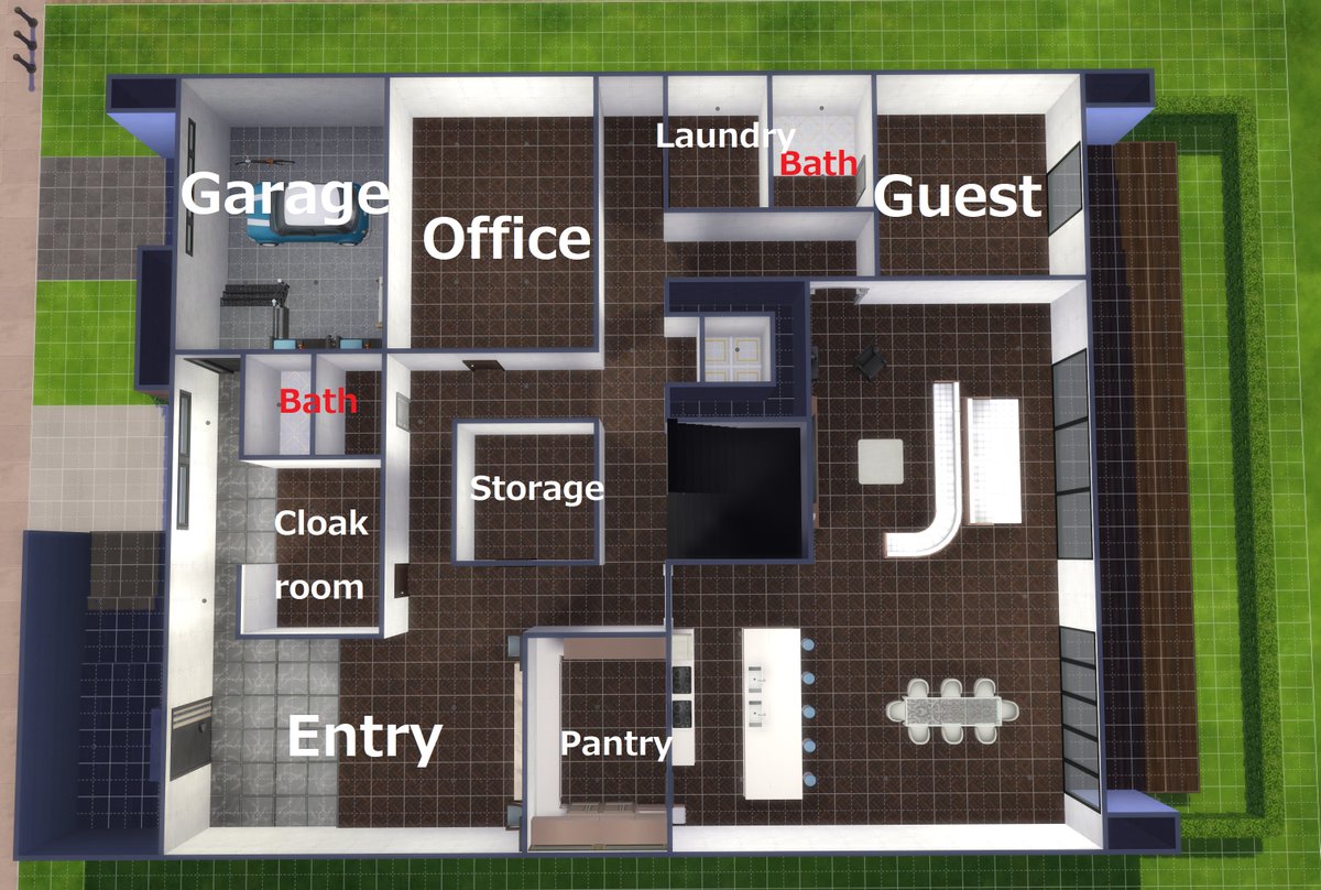zzzAPRzzzz's tweet image. #シムズ4 #ShowUsYourBuilds #FloorPlan #NoCC

Modern Houseを整地して建て直しています

1Fはこんな感じの間取りで行こうかと
玄関デカいの好きだからデカくなってしまう
ガレージと玄関はつながっていてほしいしクロークも欲しい
