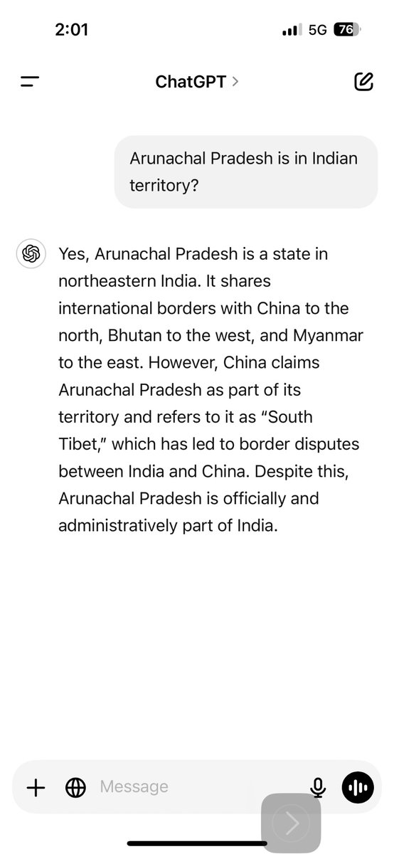 Faizandeewan's tweet photo. DeepSeek and ChatGPT answered differently about same questions. DeepSeek China not recognised Arunachal Pradesh as a part of India. Sahab ka Moye Moye. #DeepSeek #ChatGPT #ModiGovt https://t.co/hjjpx7xIOS