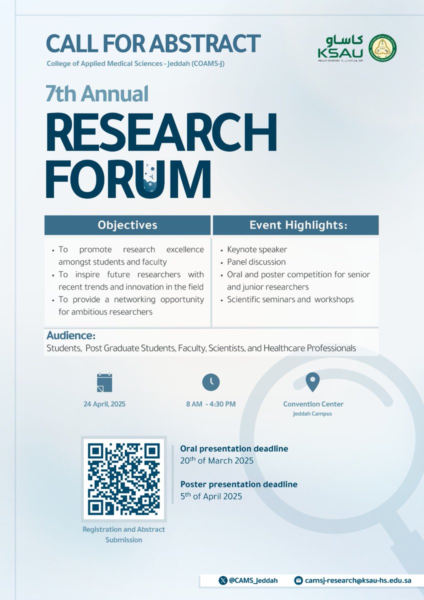 CAMS_Jeddah's tweet photo. 📢 The Seventh Annual #Research Forum of the #College_of_Applied_Medical_Sciences is now open for abstract submissions!

✍🏻 Register here: https://t.co/1KD0JRuTIx

✨ Join now and connect with the academic community!

#ksau_hs
#7th_Annual_Research_Forum
#jeddah https://t.co/wIF9JQBt6t