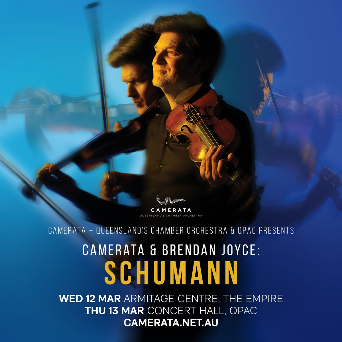 Experience @camerata_qco’s virtuosic opening 2025 concert feat. Camerata’s very own Artistic Director &amp; leader Brendan Joyce on solo violin for Schumann’s Violin Concerto. 

Tix → bit.ly/3Pv8xdw

📆 Thu 13 Mar, 7:30pm | Brisbane 
📆 Wed 12 Mar, 7pm | Toowoomba