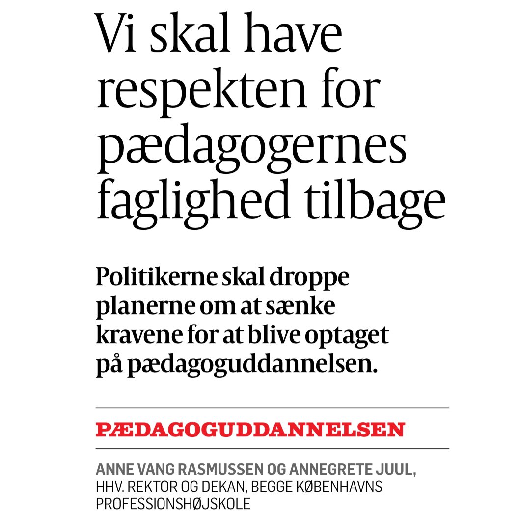 Vigtigt opråb fra <a href="/anne_vang_/">Anne Vang Rasmussen</a> og <a href="/annegretejuul/">Annegrete Juul</a> i <a href="/politiken/">Politiken</a> 👏 Hovedvejen til pædagoguddannelsen bør selvfølgelig gå via en 3-årig gymnasieuddannelse. Vi har brug for at styrke - ikke svække - både de studerendes forudsætninger og uddannelsens prestige! #uddpol