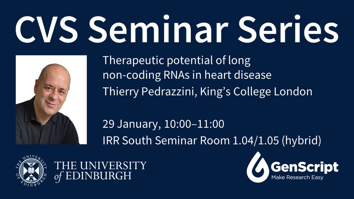 EdinUniCVS (@edinunicvs) on Twitter photo Excited to welcome <a href="/Pedrazzini_ECU/">Thierry Pedrazzini</a> from <a href="/KingsCollegeLon/">King's College London</a> for this week’s CVS Seminar – join us this morning!
🗓️ 29 January, 10:00–11:00
IRR South Seminar Room 1.04/1.05 <a href="/EdinburghBQ/">Edinburgh BioQuarter</a>
Join on Teams ➡️ edin.ac/3Efga5i Excited to welcome <a href="/Pedrazzini_ECU/">Thierry Pedrazzini</a> from <a href="/KingsCollegeLon/">King's College London</a> for this week’s CVS Seminar – join us this morning!
🗓️ 29 January, 10:00–11:00
IRR South Seminar Room 1.04/1.05 <a href="/EdinburghBQ/">Edinburgh BioQuarter</a>
Join on Teams ➡️ edin.ac/3Efga5i