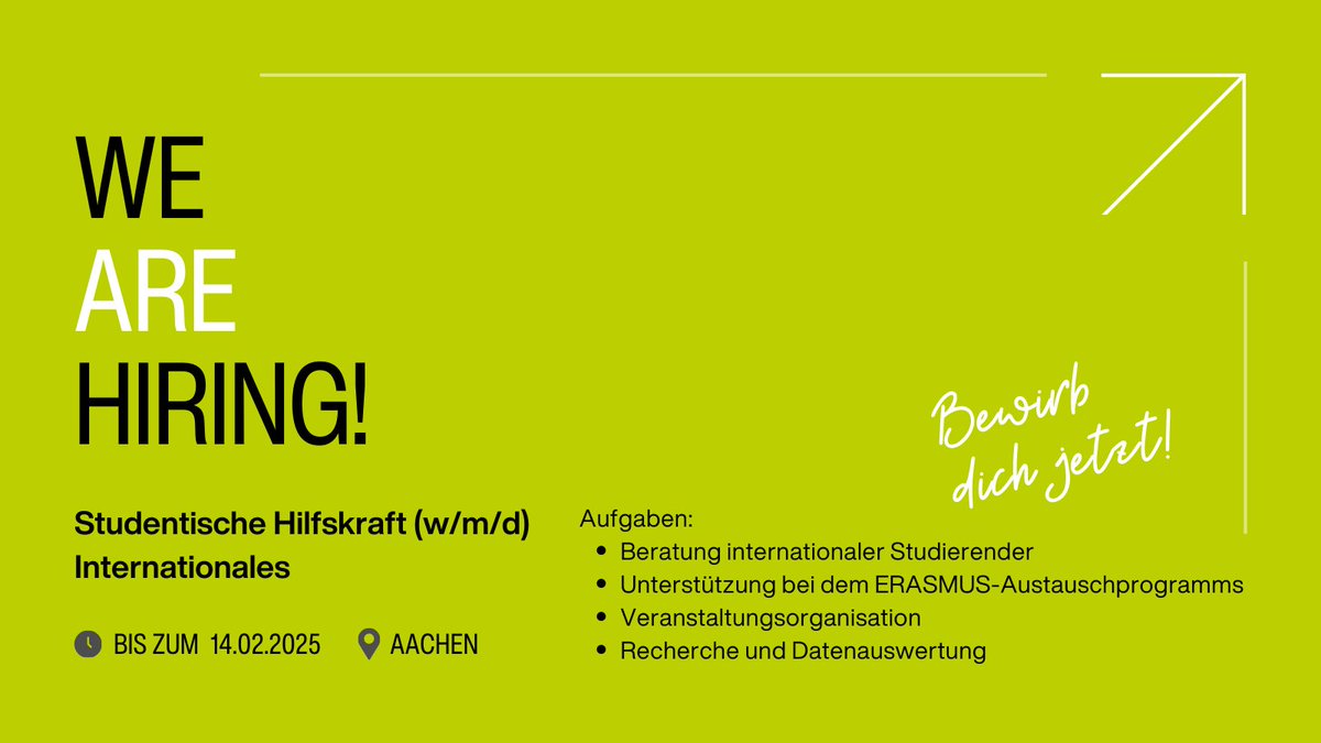 #Hiring Du studierst und bist auf der Suche nach einer Herausforderung? Du hast vielleicht selbst Erfahrung mit einem Austauschstudium? 

Dann bewirb Dich jetzt als stud. Hilfskraft für den Bereich Internationales.

▶ rwth-aachen.de/go/id/kbag/fil…
