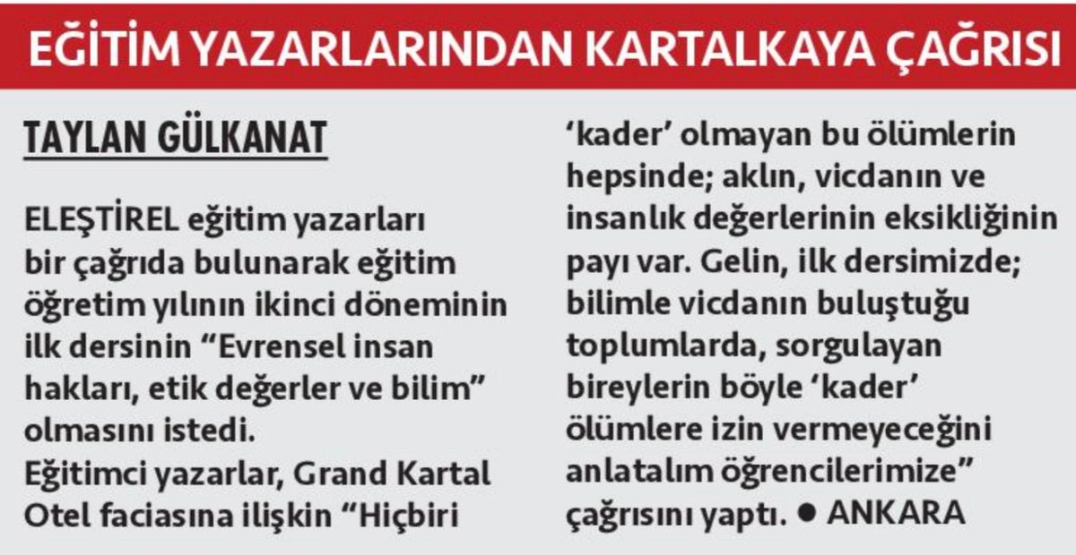 ozbozdogan's tweet photo. Eğitimcilere ve MEB’e ⁦@derslerdergisi⁩   yazarlarından çağrı var: Gelin ilk dersimiz evrensel insan hakları, etik değerler ve bilim olsun; bir daha Kartalkaya yangını gibi facialar yaşanmasın. https://t.co/SPHp0F6dnI