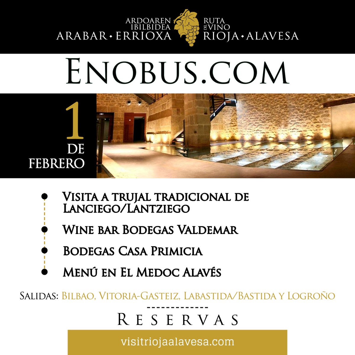 🚌🍇 ¿No tienes plan para este fin de semana? ¡Súbete al #Enobus y disfruta de #RiojaAlavesa sin preocuparte del coche este sábado, 1 de febrero!
 
*Salidas desde: Bilbao, Vitoria-Gasteiz, Labastida y Logroño 

📲 Reserva tu plaza aquí ➡️  visitriojaalavesa.com/producto/enobu…