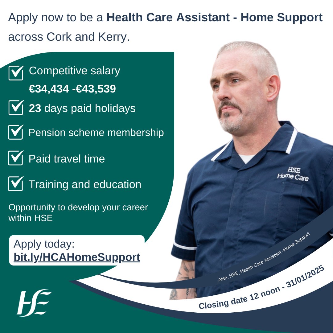 Cork Kerry Community Healthcare (@corkkerrych) on Twitter photo Applications for Health Care Assistant - Home Support in #Cork & #Kerry close today at 12 noon.
There is still plenty of time to apply at  bit.ly/HCAHomeSupport
📰Read more about the Home Support Service here:
careerhub.hse.ie/health-care-as… Applications for Health Care Assistant - Home Support in #Cork & #Kerry close today at 12 noon.
There is still plenty of time to apply at  bit.ly/HCAHomeSupport
📰Read more about the Home Support Service here:
careerhub.hse.ie/health-care-as…