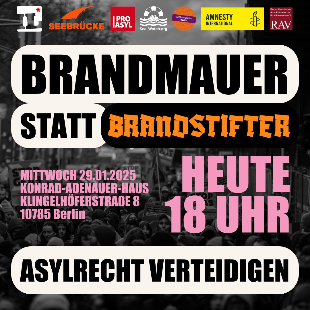 Heute könnte es zur historischen Zäsur kommen: die #CDU plant, im #Bundestag Anträge mit Forderungen nach Asylverschärfungen mit der #NoAfD durchzubringen. Die #Brandmauer darf nicht wackeln! Weder heute noch am Freitag. Kommt heute mit <a href="/ProAsyl/">PRO ASYL</a> zur CDU-Zentrale und protestiert!