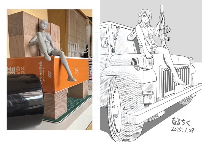 アニメ私塾QC添削課題「車と人」 作業時間4時間11分 積み木と紙箱、スプレー缶のフタを写真に撮って アタリを取りました。 車は大塚康生先生の画集を参考にしています。 #アニメ私塾