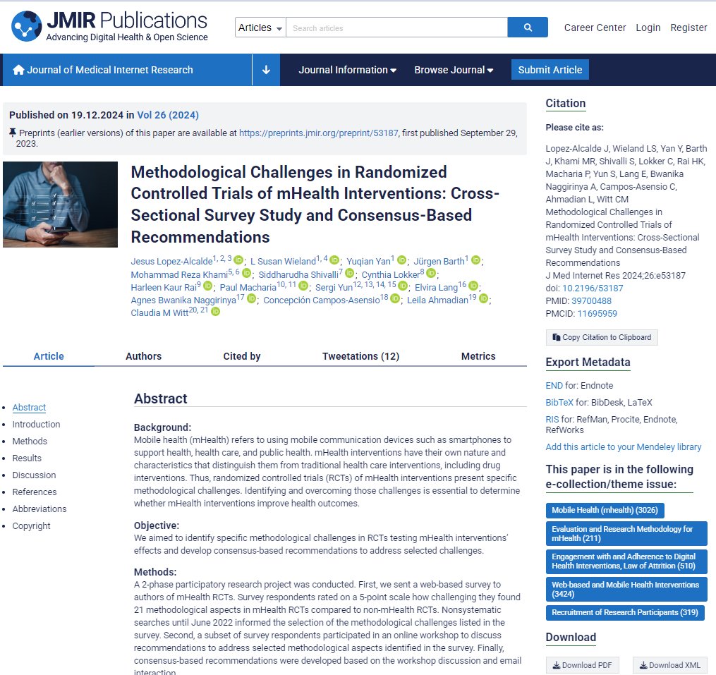 ¿Está planeando un #ECA sobre salud digital? 
👉Este artículo identifica los problemas metodológicos específicos en los ECA de efectos de intervenciones de salud móvil y elabora recomendaciones para resolverlos de @JLopezAlcalde et al. <a href="/jmirpub/">JMIR Publications</a> 
#mhealth 
jmir.org/2024/1/e53187