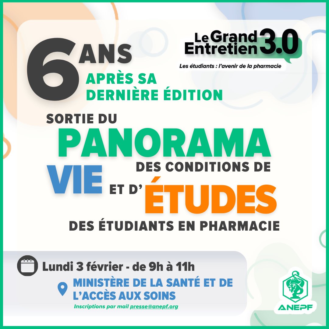ANEPF Pharmacie (@pharma_anepf) on Twitter photo 📢 𝑱-5 𝒂𝒗𝒂𝒏𝒕 𝒍’𝒂𝒏𝒏𝒐𝒏𝒄𝒆 𝒅𝒆 𝒍𝒂 𝒄𝒐𝒏𝒇𝒆́𝒓𝒆𝒏𝒄𝒆 𝒅𝒆 𝒑𝒓𝒆𝒔𝒔𝒆 𝒅𝒖 𝑮𝒓𝒂𝒏𝒅 𝑬𝒏𝒕𝒓𝒆𝒕𝒊𝒆𝒏 ! 📢
🔎 Un état des lieux inédit sur les conditions de vie et d’études des étudiants en pharmacie.
📩 Inscription par mail à presse@anepf.org 📢 𝑱-5 𝒂𝒗𝒂𝒏𝒕 𝒍’𝒂𝒏𝒏𝒐𝒏𝒄𝒆 𝒅𝒆 𝒍𝒂 𝒄𝒐𝒏𝒇𝒆́𝒓𝒆𝒏𝒄𝒆 𝒅𝒆 𝒑𝒓𝒆𝒔𝒔𝒆 𝒅𝒖 𝑮𝒓𝒂𝒏𝒅 𝑬𝒏𝒕𝒓𝒆𝒕𝒊𝒆𝒏 ! 📢
🔎 Un état des lieux inédit sur les conditions de vie et d’études des étudiants en pharmacie.
📩 Inscription par mail à presse@anepf.org