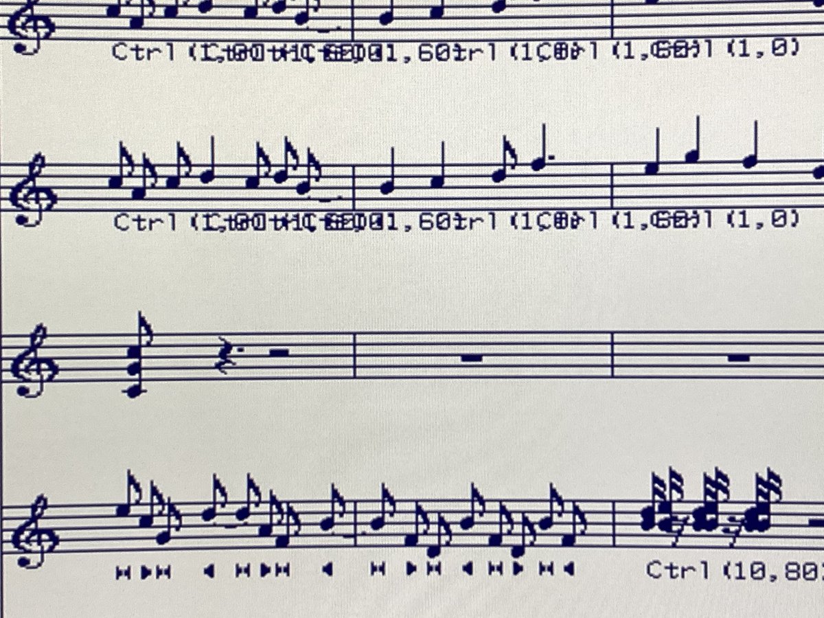 Funny_Place's tweet image. #MusicPRO68K の譜面入力はとてもアバウトなので、意識して綺麗に入力しないと驚くほど汚い譜面が出来上がります。MIDIでいろいろコントロールしようとすると譜面の上下も汚くなります。でもちゃんと演奏できます。 #X68000 #X68000Z #ZUIKI #瑞起