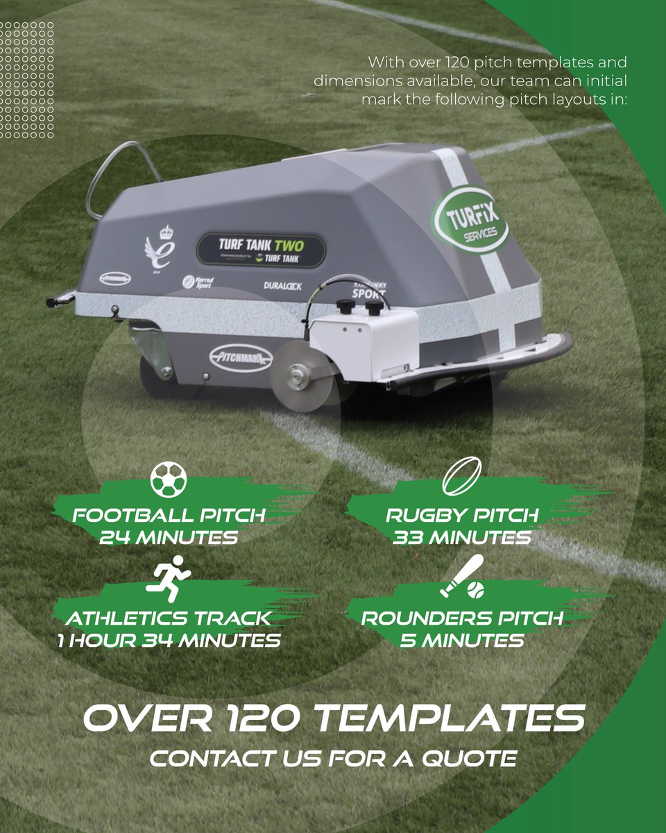 Turfix Services (@turfixservices) on Twitter photo Are you looking to save time and take the hassle out of marking your pitches? Here's how we can help 👏
🏆 Tournament markings
⚽ Change in sport layouts
🎨 Artificial surface marking
✅ Initial marking on new pitches
Get in touch! ⬇️
📧 services@turfix.co.uk ☎️ 03333 580505 Are you looking to save time and take the hassle out of marking your pitches? Here's how we can help 👏
🏆 Tournament markings
⚽ Change in sport layouts
🎨 Artificial surface marking
✅ Initial marking on new pitches
Get in touch! ⬇️
📧 services@turfix.co.uk ☎️ 03333 580505