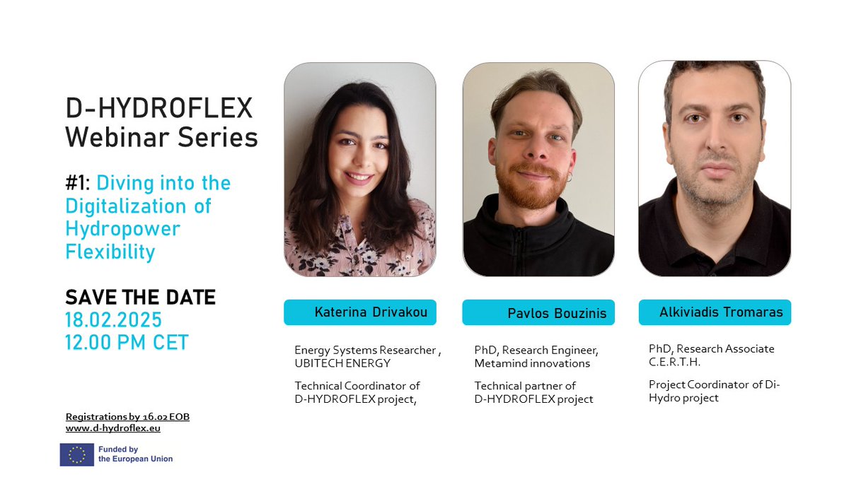 D-HYDROFLEX (@d_hydroflex) on Twitter photo 🌊🔌 Join the 1st D-HYDROFLEX Webinar! 🔌🌊
Discover how digital tools are transforming hydropower flexibility! 🚀 Experts from <a href="/D_HYDROFLEX/">D-HYDROFLEX</a> & <a href="/DiHydro_project/">Di-Hydro Project</a> will share insights on cutting-edge innovations.
📅 18th February 2025
🔗 Register by 16th February: 🌊🔌 Join the 1st D-HYDROFLEX Webinar! 🔌🌊
Discover how digital tools are transforming hydropower flexibility! 🚀 Experts from <a href="/D_HYDROFLEX/">D-HYDROFLEX</a> & <a href="/DiHydro_project/">Di-Hydro Project</a> will share insights on cutting-edge innovations.
📅 18th February 2025
🔗 Register by 16th February: