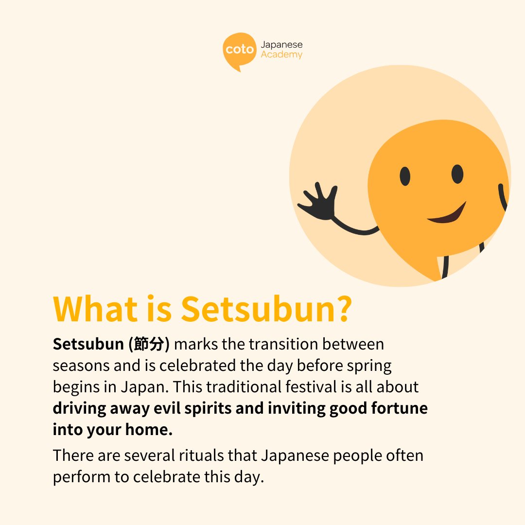 cotoacademy's tweet photo. January’s ending, and it’s time to gear up for Setsubun! 🎉 Falling on Feb 2 this year, this Japanese tradition features demon masks and roasted soybeans. Check out our post to learn more! 👹
#cotoacademy #japaneseculture #learnjapanese #learnnihongo #setsubun https://t.co/YmcxLbhTgR