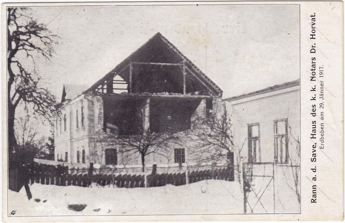 #NaDanašnji dan 29. 1. 1917 ob 9.22 se je zgodil #potres pri Brežicah, ki je povzročil 2 smrtni žrtvi in veliko škodo. Največjo intenziteto (VIII EMS-98) je dosegel v naseljih Brežice, Krška vas, Šentlenart in Zakot.