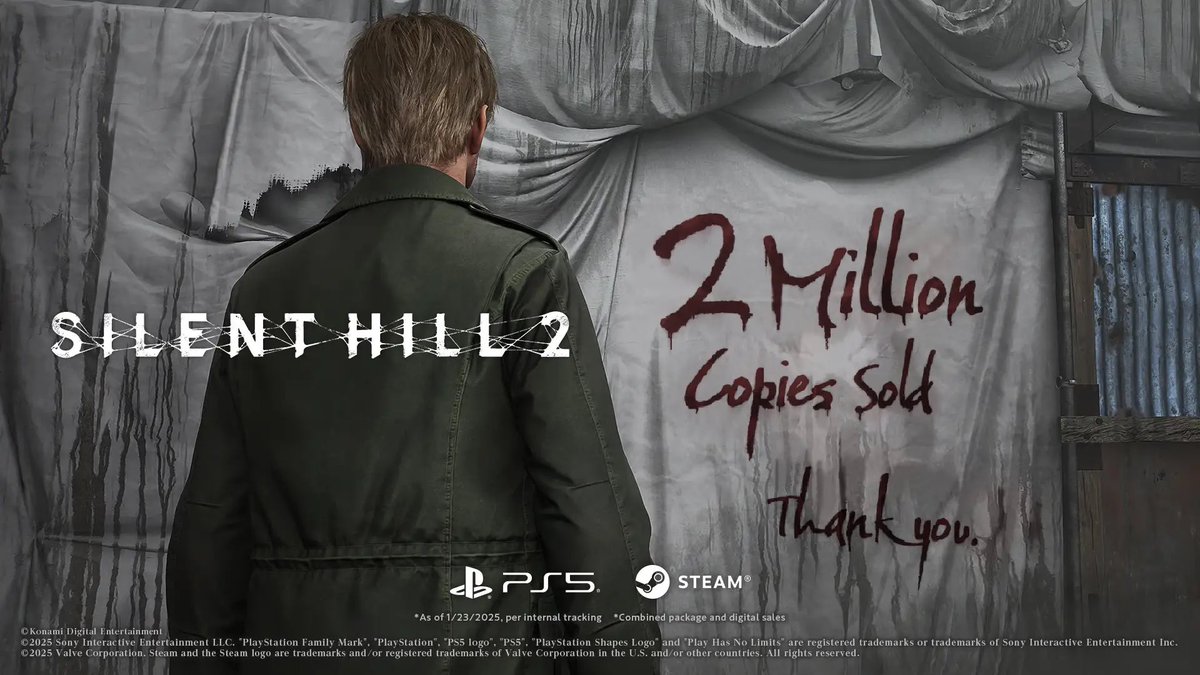 Enhorabuena a <a href="/KONAMI_ES/">KONAMI España</a> <a href="/BlooberTeam/">Bloober Team</a> <a href="/MeridiemGames/">Meridiem</a> por la cifra de 2 millones de copias vendidas de #SilentHill2 👏🏻👏🏻👏🏻