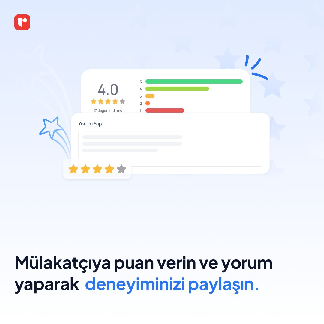💼✨ Mülakat sürecinizle ilgili puan verin ve yorum yaparak geri bildiriminizi paylaşın. Bu sayede platformda hem sizin deneyiminizi geliştirebiliriz hem de diğer kullanıcılar daha iyi bir görüşme deneyimi yaşar!

#online #mülakat #kariyer #interview #job