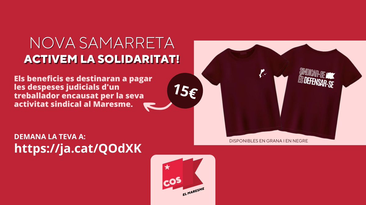 🔥NOVA SAMARRETA!

Activem la solidaritat per pagar les despeses judicials d'un treballador encausat per la seva activitat sindical al #Maresme.

Demana la teva a: forms.gle/Kbk36VTgANbxXK…

✊🏽Sindicar-se és defensar-se!