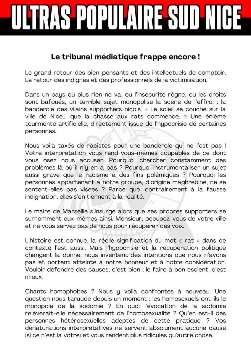 ActuL1_'s tweet photo. 🚨 Communiqué des ULTRAS POPULAIRE SUD NICE sur les banderoles assumées face à l’OM. 🥶 https://t.co/isEnV7grIO