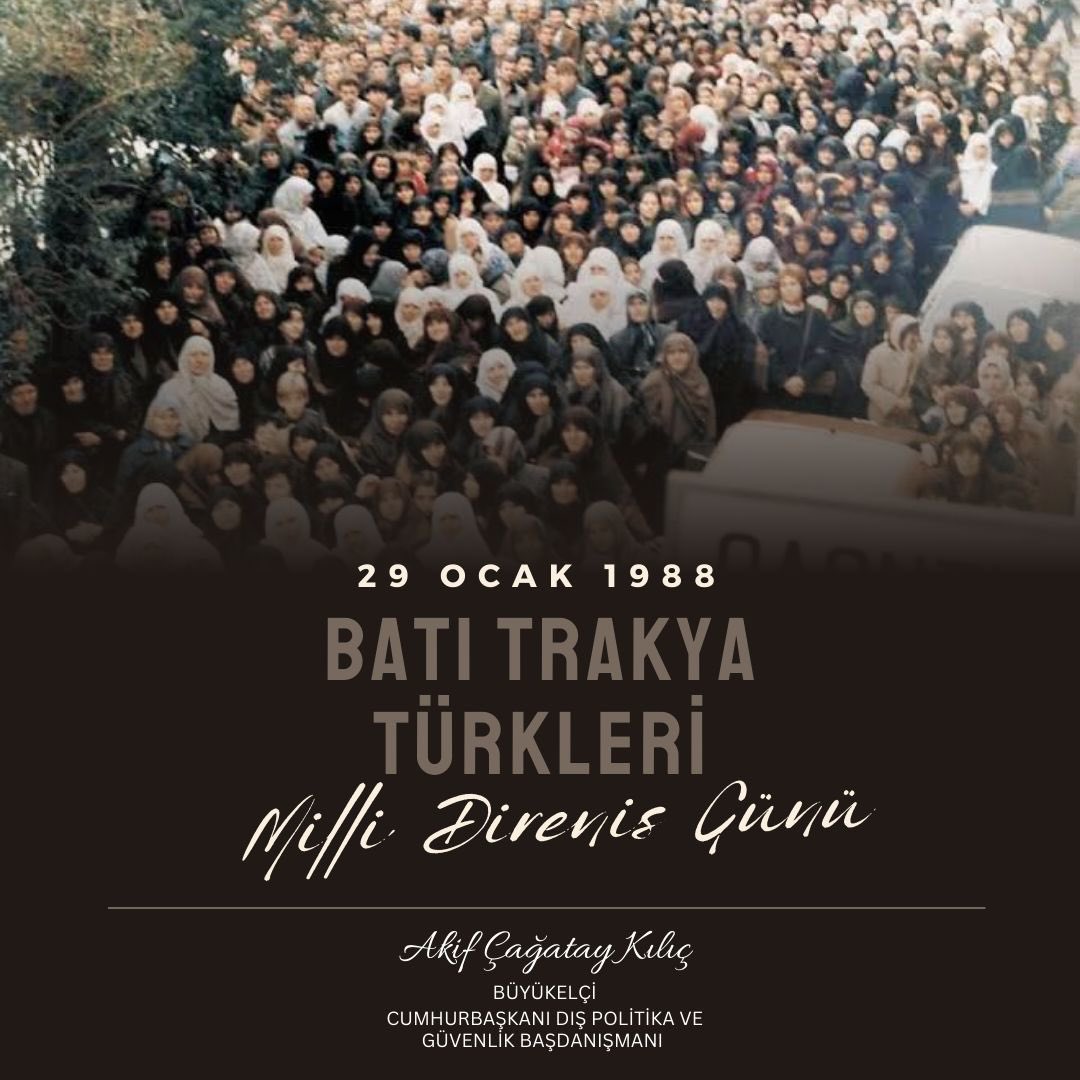 Ayrımcılığa karşı hak ve hukuklarını koruyarak milli kimliklerini tüm dünyaya haykıran Batı Trakya Türk’ünün 29 Ocak “Milli Direniş ve Dayanışma Günü” kutlu olsun.

Yaşadıkları topraklarda özgürce var olabilmek için verdikleri mücadele ile milli kimliklerini tüm dünyaya haykıran
