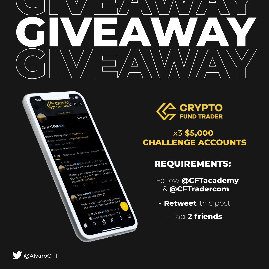 Alvaro | MM (@alvarocft) on Twitter photo 🚨 GIVEAWAY TIME! 🚨
To celebrate hitting 1K followers, I’m giving away 3x $5,000 challenge accounts from <a href="/CFTradercom/">Crypto Fund Trader</a>! 🎉
You know what to do:
✅ Follow <a href="/CFTradercom/">Crypto Fund Trader</a>, <a href="/CFTacademy/">CFT Academy</a>, and <a href="/AlvaroCFT/">Alvaro | MM</a>
🔄 Like & Retweet this post
👥 Tag 2 friends in the comments
Let’s make this 🚨 GIVEAWAY TIME! 🚨
To celebrate hitting 1K followers, I’m giving away 3x $5,000 challenge accounts from <a href="/CFTradercom/">Crypto Fund Trader</a>! 🎉
You know what to do:
✅ Follow <a href="/CFTradercom/">Crypto Fund Trader</a>, <a href="/CFTacademy/">CFT Academy</a>, and <a href="/AlvaroCFT/">Alvaro | MM</a>
🔄 Like & Retweet this post
👥 Tag 2 friends in the comments
Let’s make this